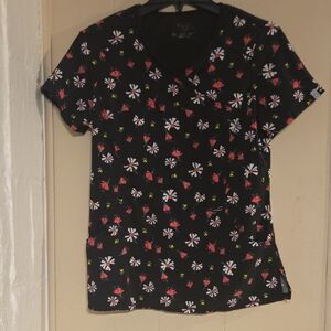 Cherokee Black Top with Pink and White Floral Design